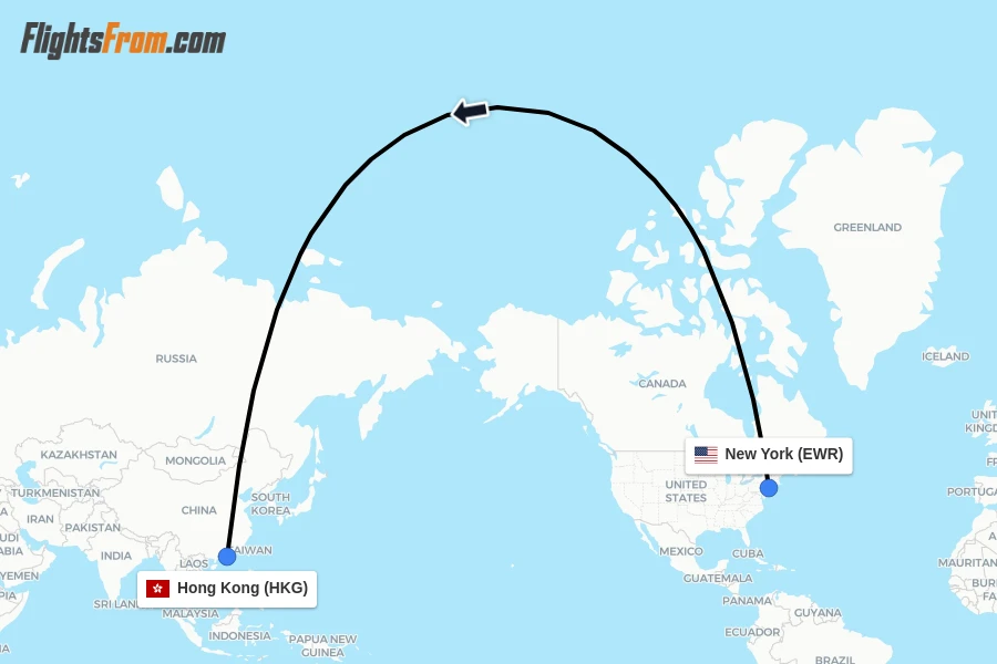Flights from New York to Hong Kong route map