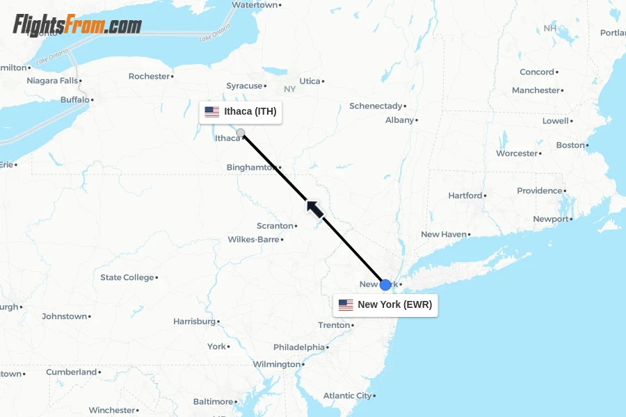 Flights from New York to Ithaca route map