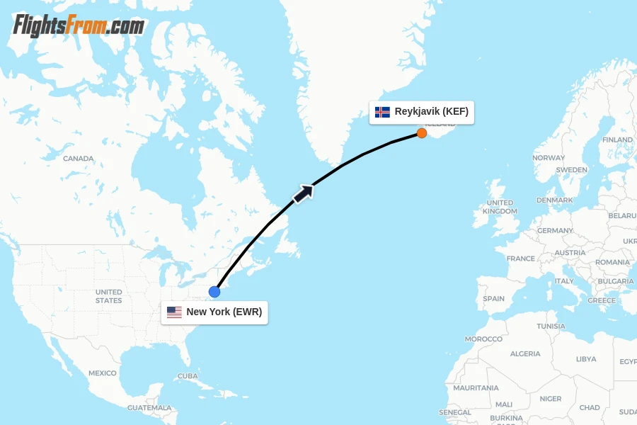 Flights from New York to Reykjavik route map