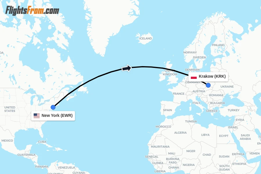 Flights from New York to Krakow route map