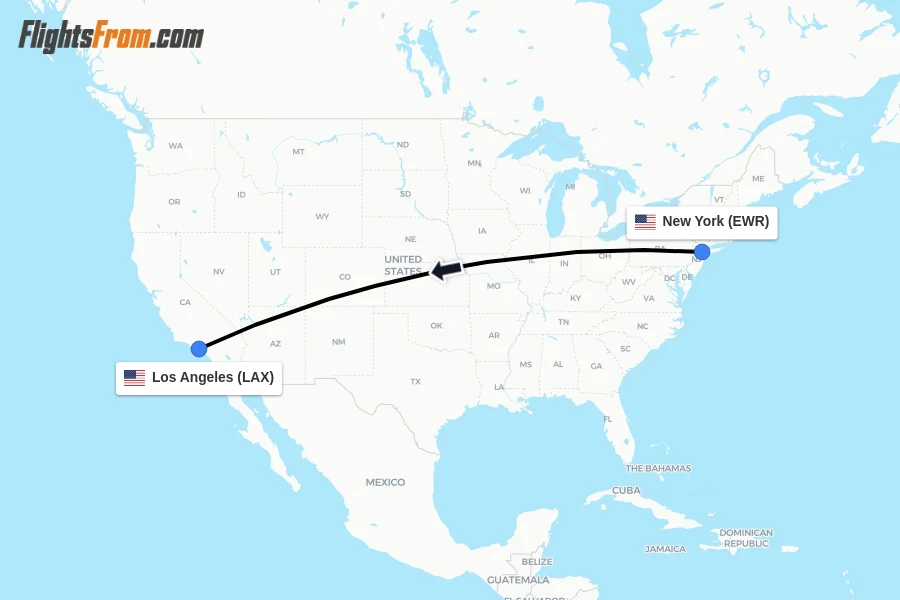 Flights from New York to Los Angeles route map