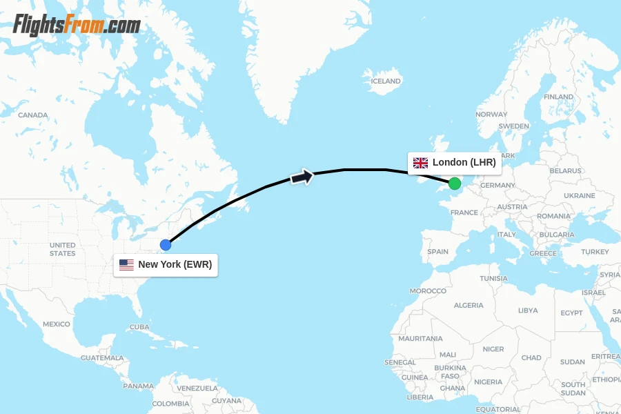 Flights from New York to London route map