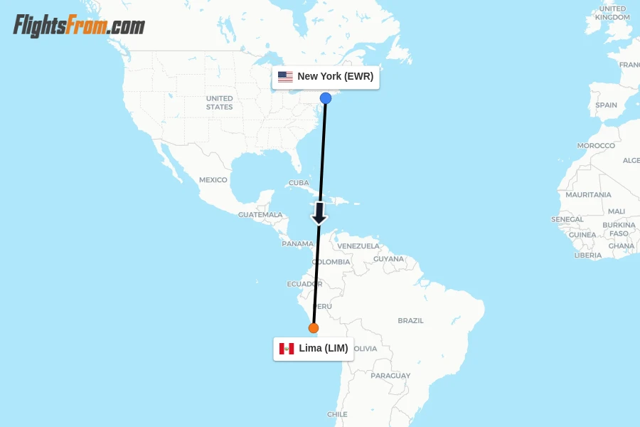 Flights from New York to Lima route map
