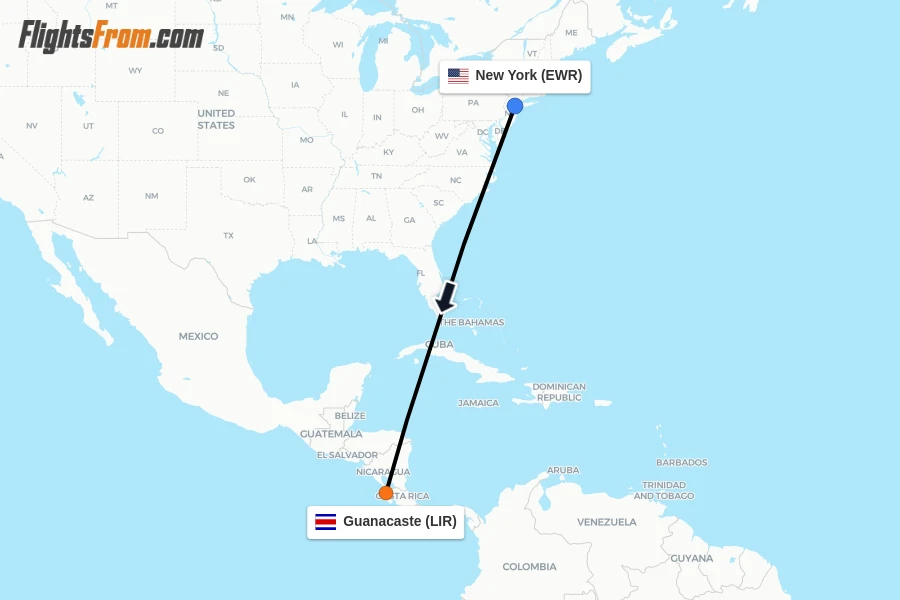 Flights from New York to Guanacaste route map
