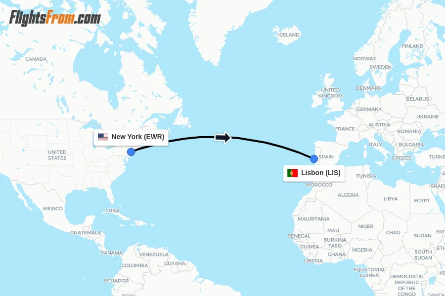 Flights from New York to Lisbon route map