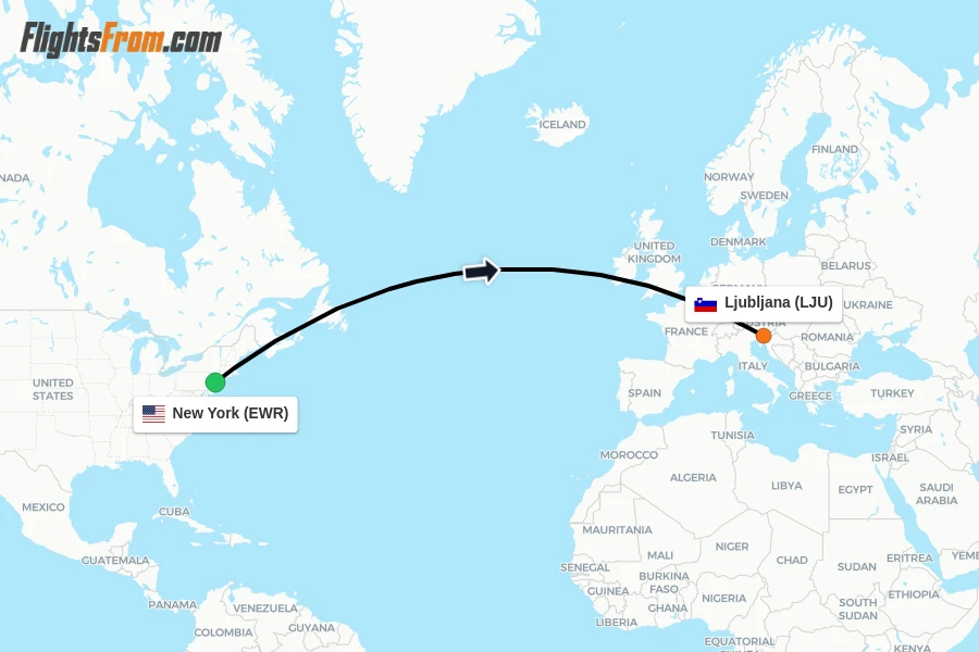 Flights from New York to Ljubljana route map