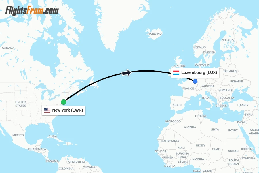 Flights from New York to Luxembourg route map
