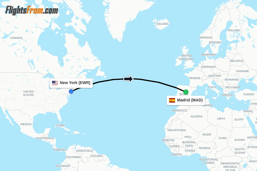 Flights from New York to Madrid route map