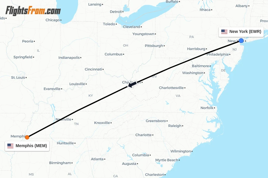 Flights from New York to Memphis route map