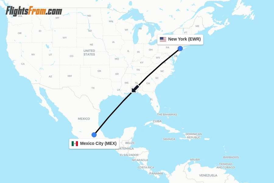 Flights from New York to Mexico City route map