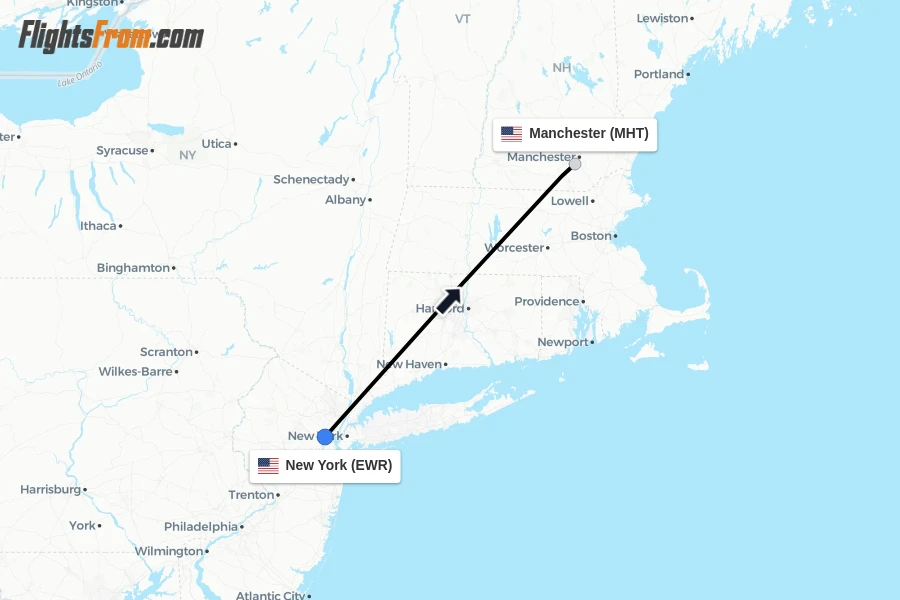 Flights from New York to Manchester route map
