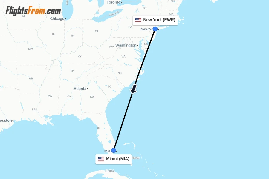 Flights from New York to Miami route map