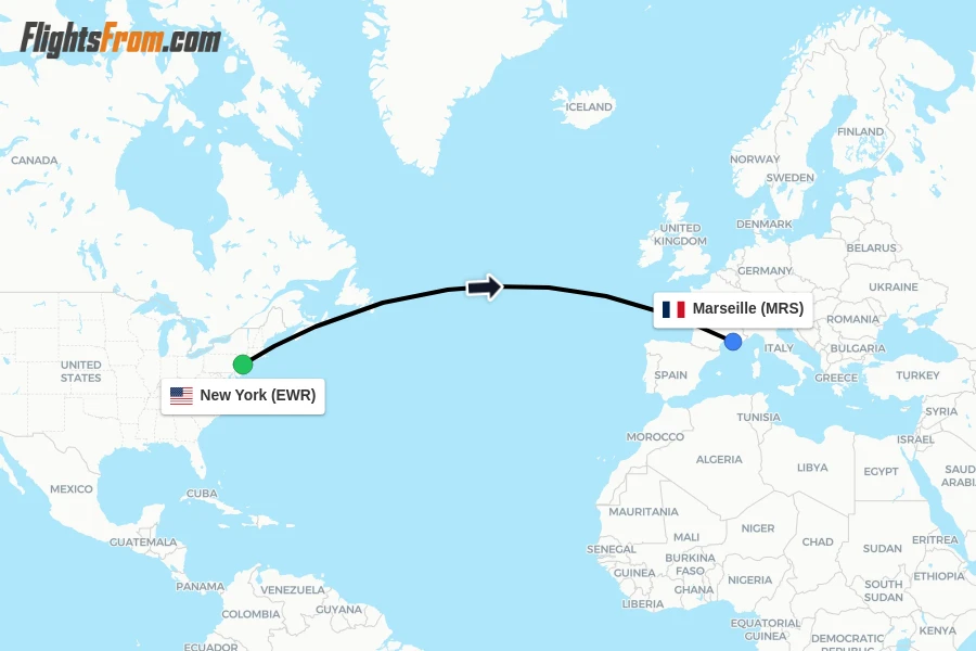Flights from New York to Marseille route map