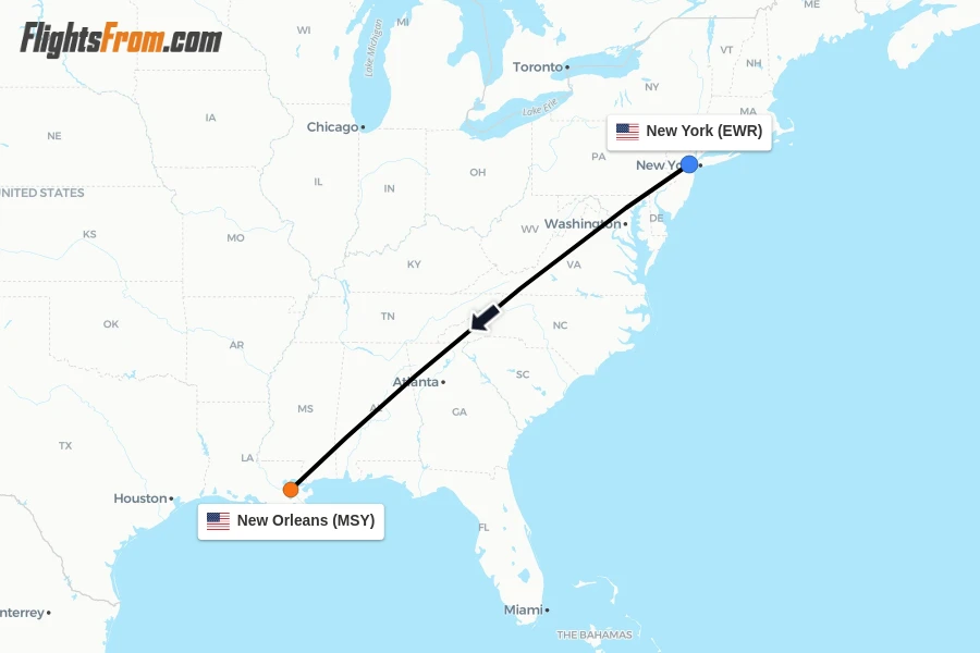 Flights from New York to New Orleans route map