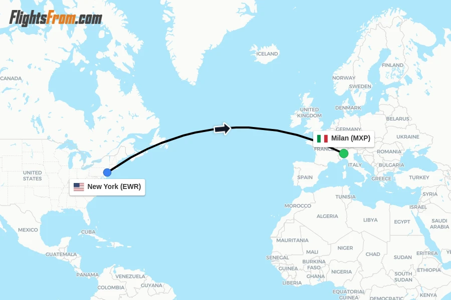 Flights from New York to Milan route map