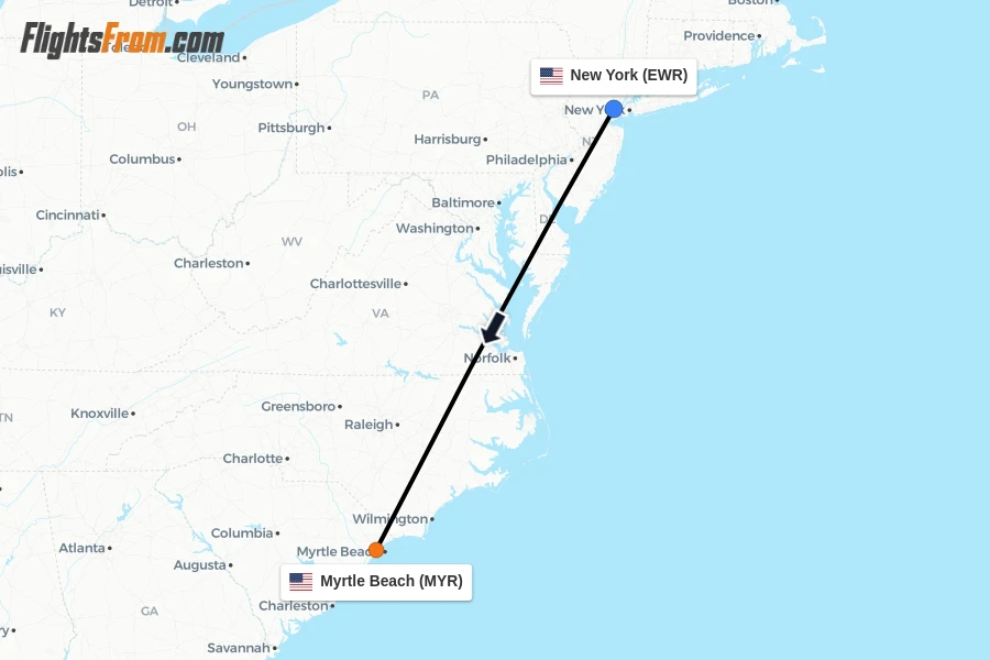 Flights from New York to Myrtle Beach route map