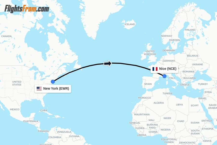 Flights from New York to Nice route map