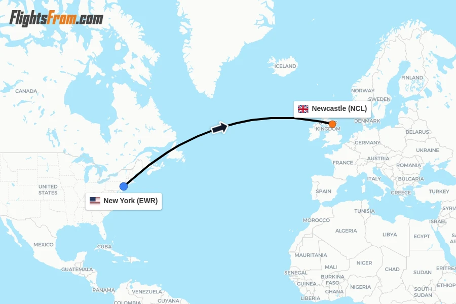 Flights from New York to Newcastle route map