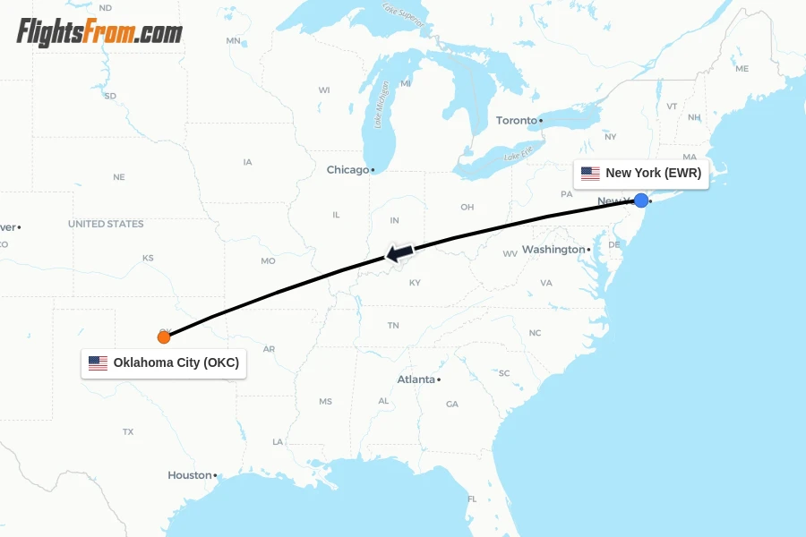 Flights from New York to Oklahoma City route map