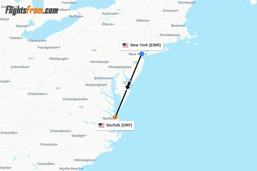 Flights from New York to Norfolk route map
