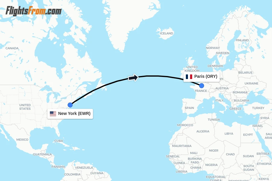 Flights from New York to Paris route map