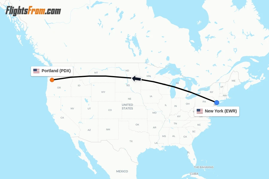 Flights from New York to Portland route map
