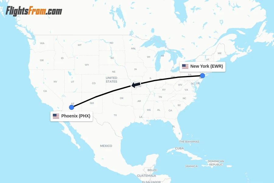 Flights from New York to Phoenix route map