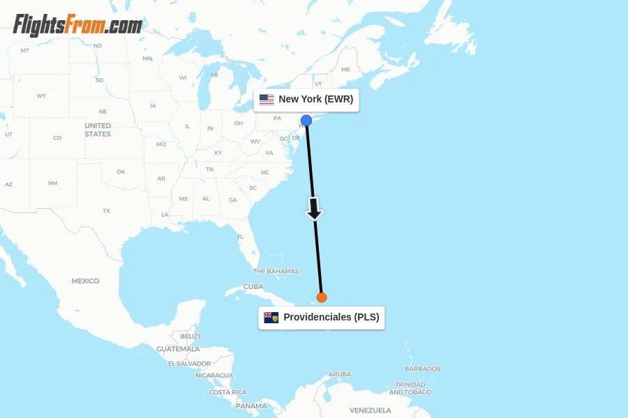 Flights from New York to Providenciales route map