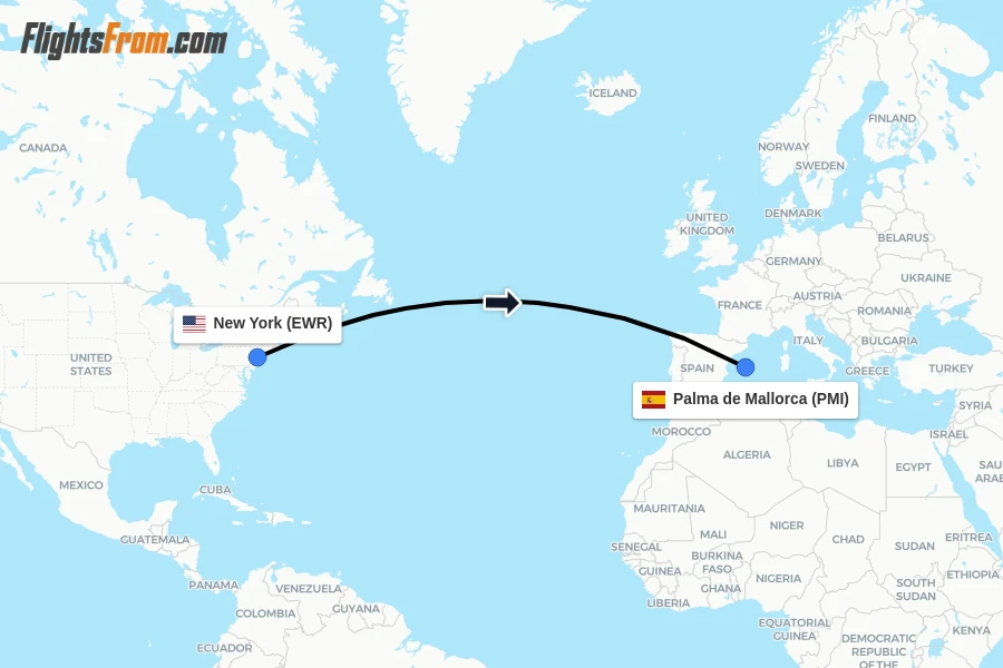 Flights from New York to Palma de Mallorca route map