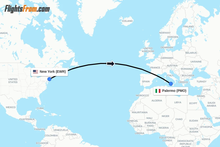 Flights from New York to Palermo route map