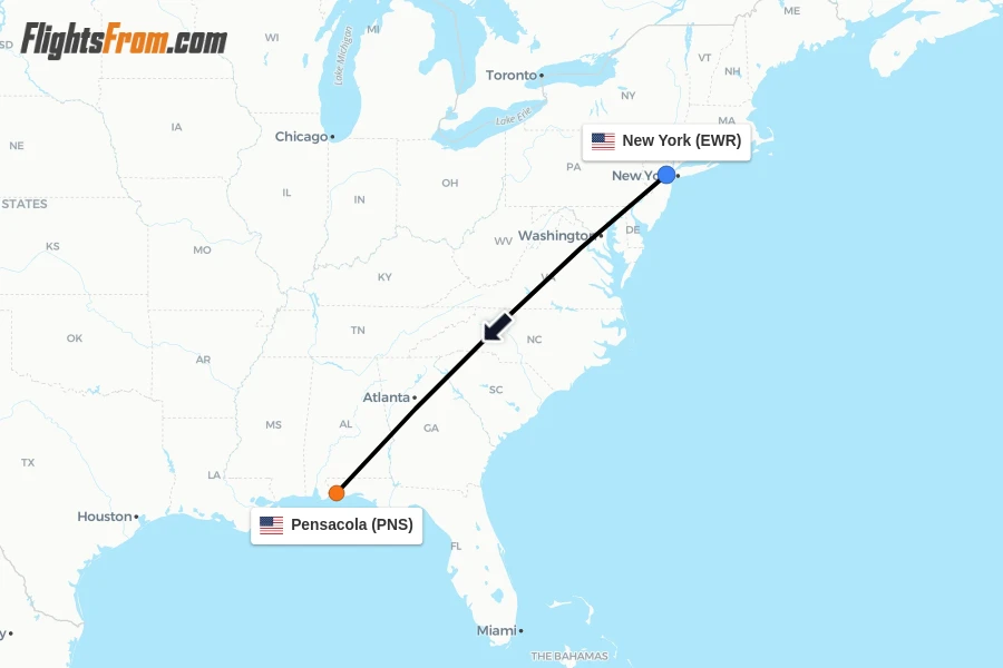 Flights from New York to Pensacola route map