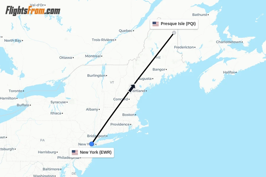 Flights from New York to Presque Isle route map