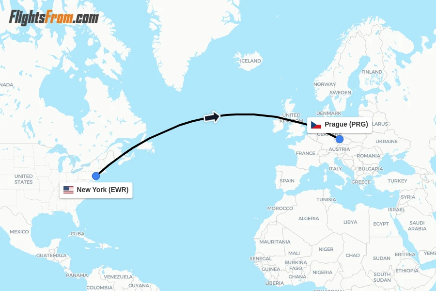 Flights from New York to Prague route map