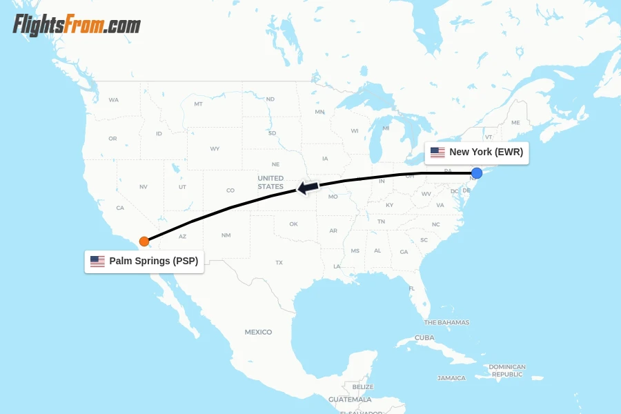 Flights from New York to Palm Springs route map