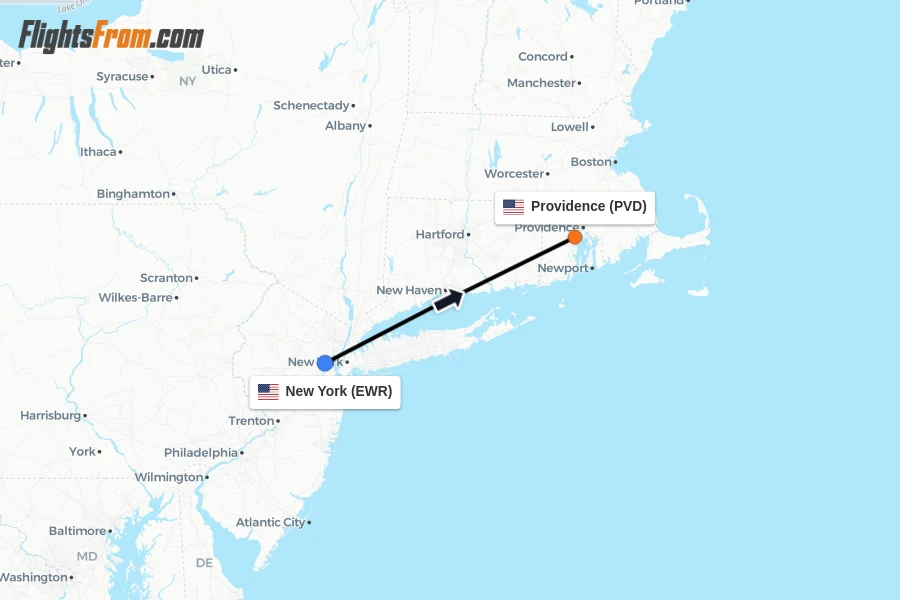 Flights from New York to Providence route map