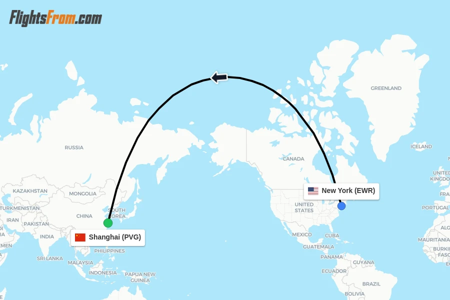 Flights from New York to Shanghai route map