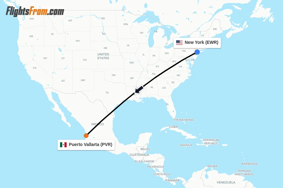 Flights from New York to Puerto Vallarta route map