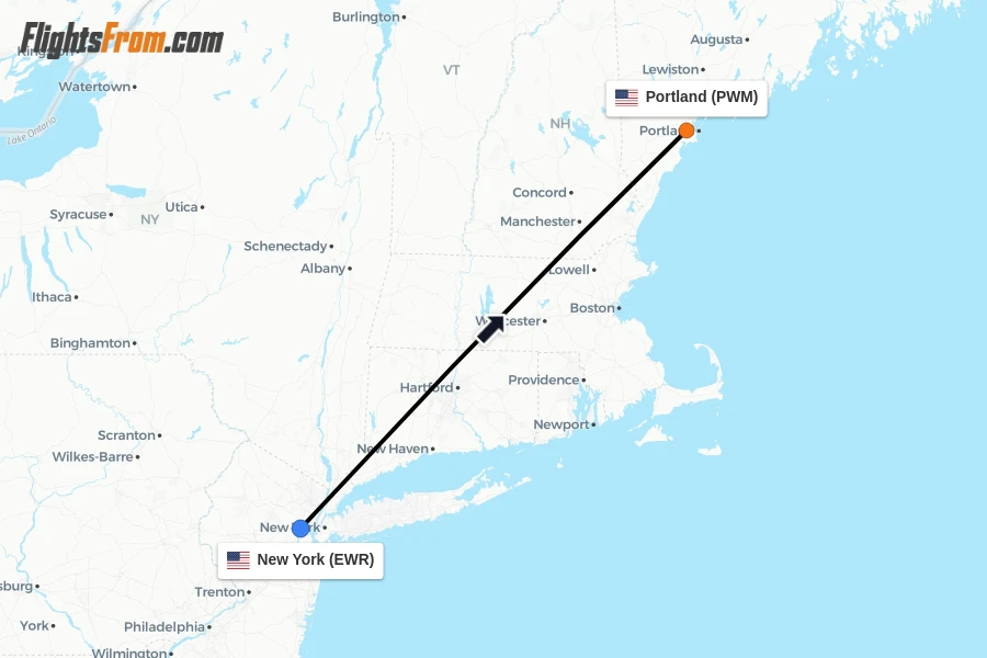 Flights from New York to Portland route map