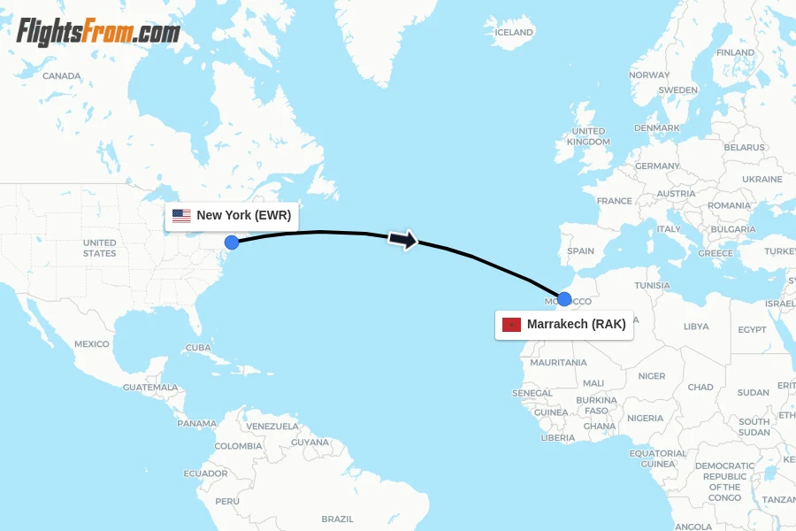 Flights from New York to Marrakech route map