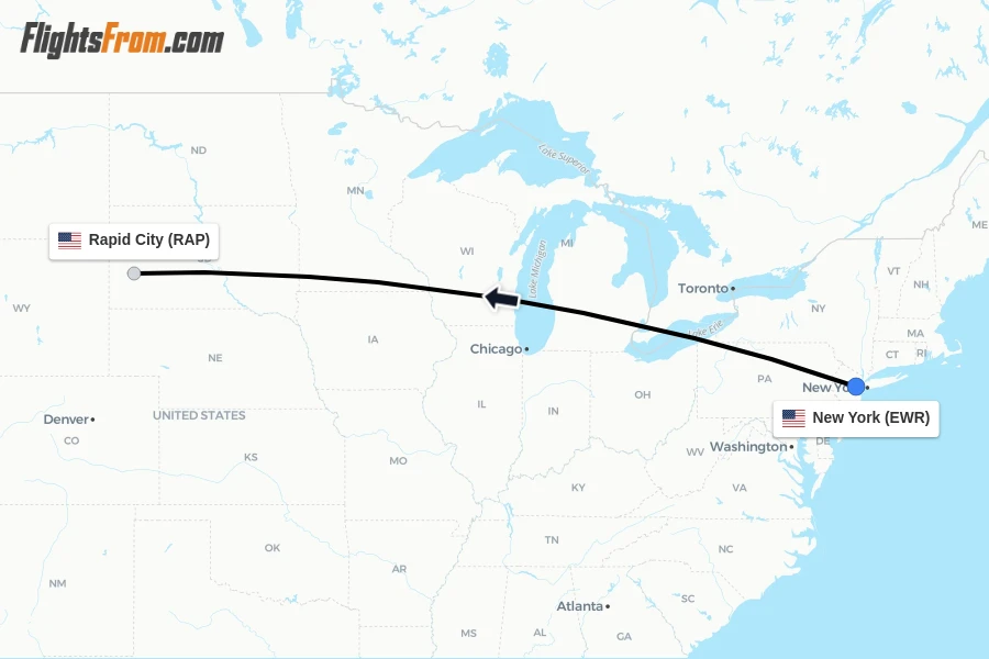 Flights from New York to Rapid City route map
