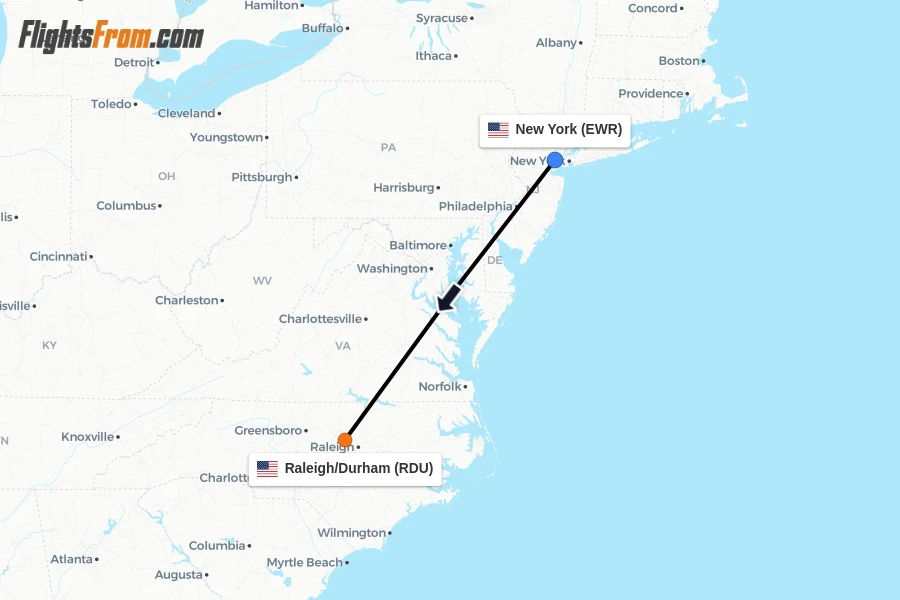Flights from New York to Raleigh/Durham route map