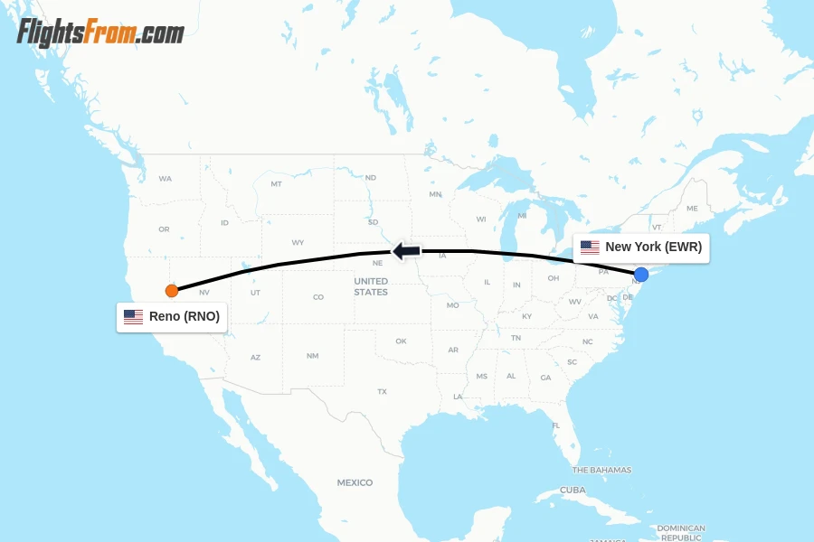 Flights from New York to Reno route map