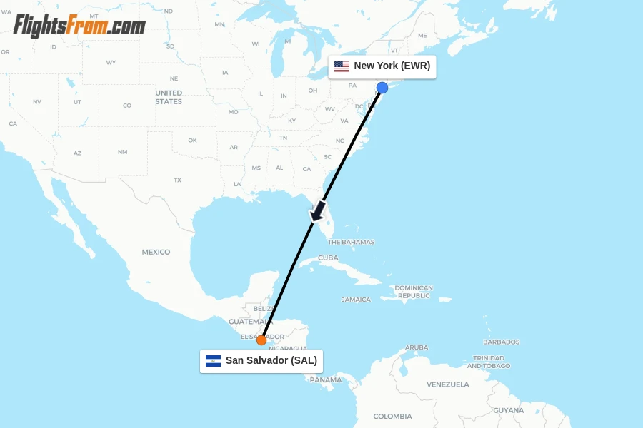 Flights from New York to San Salvador route map