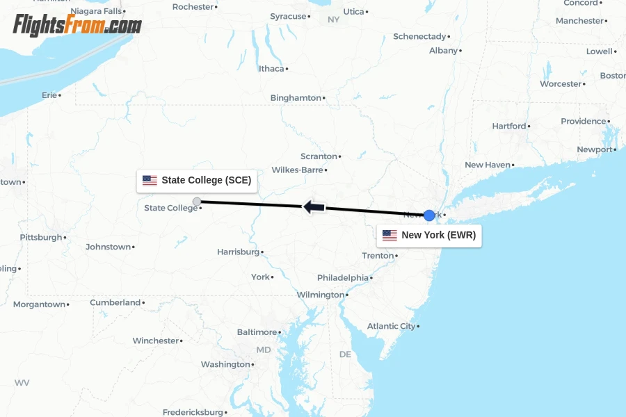 Flights from New York to State College route map