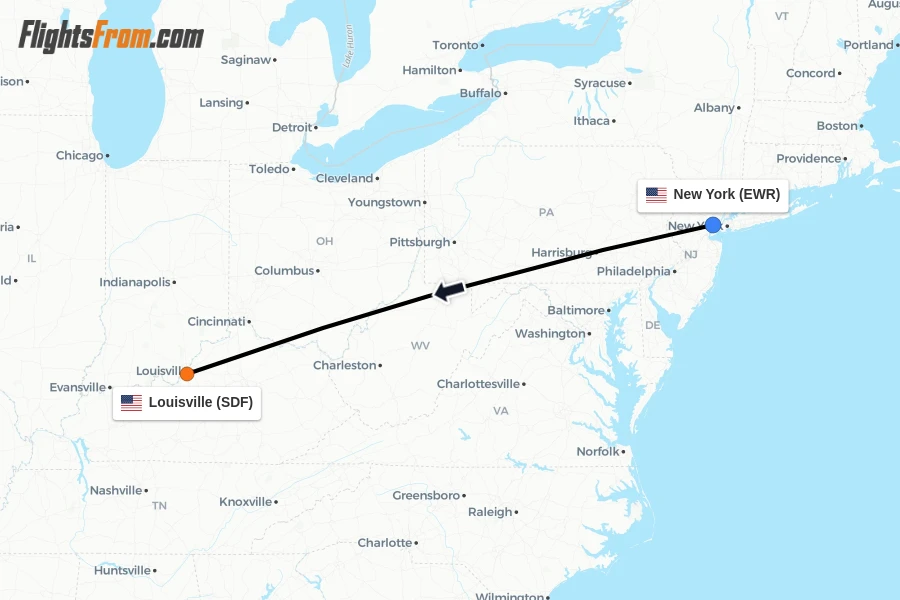 Flights from New York to Louisville route map