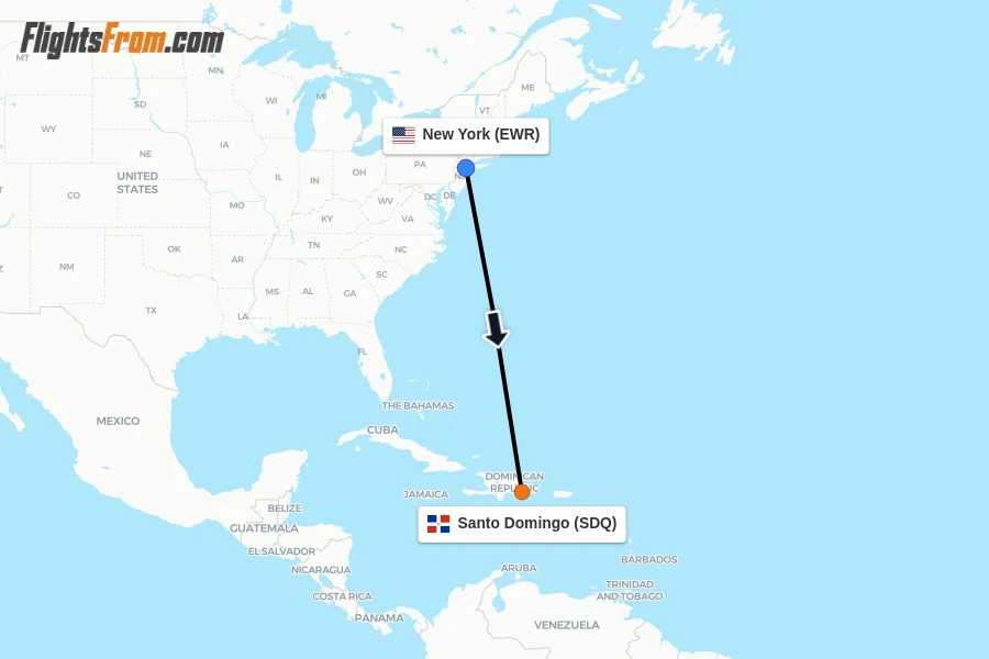 Flights from New York to Santo Domingo route map