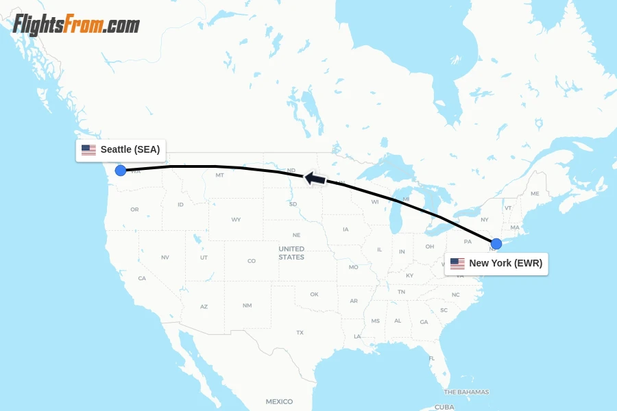 Flights from New York to Seattle route map