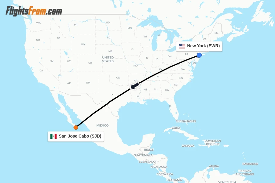 Flights from New York to San Jose Cabo route map
