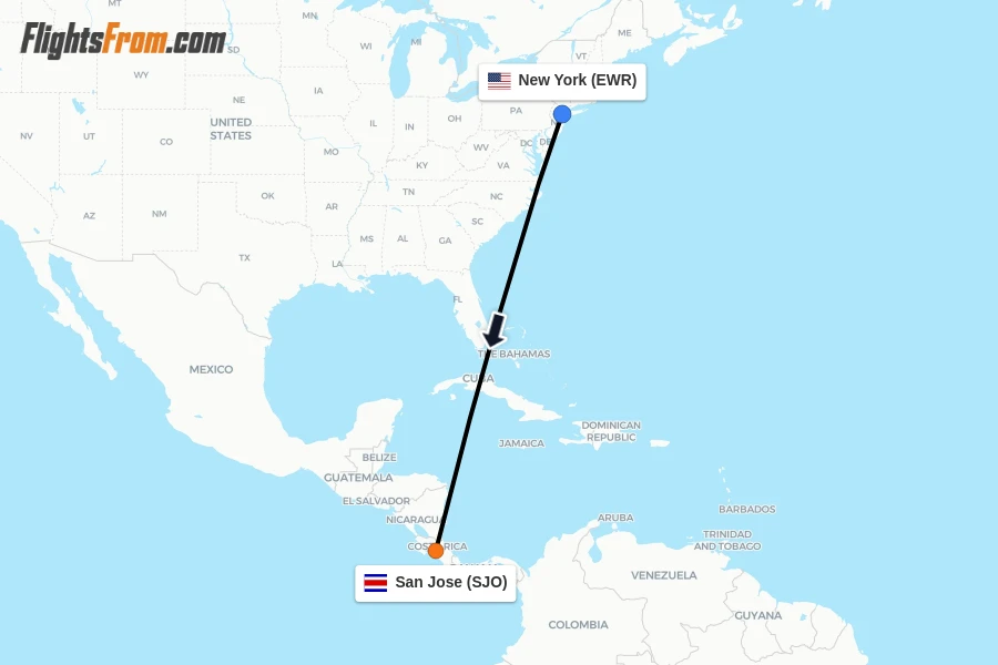 Flights from New York to San Jose route map