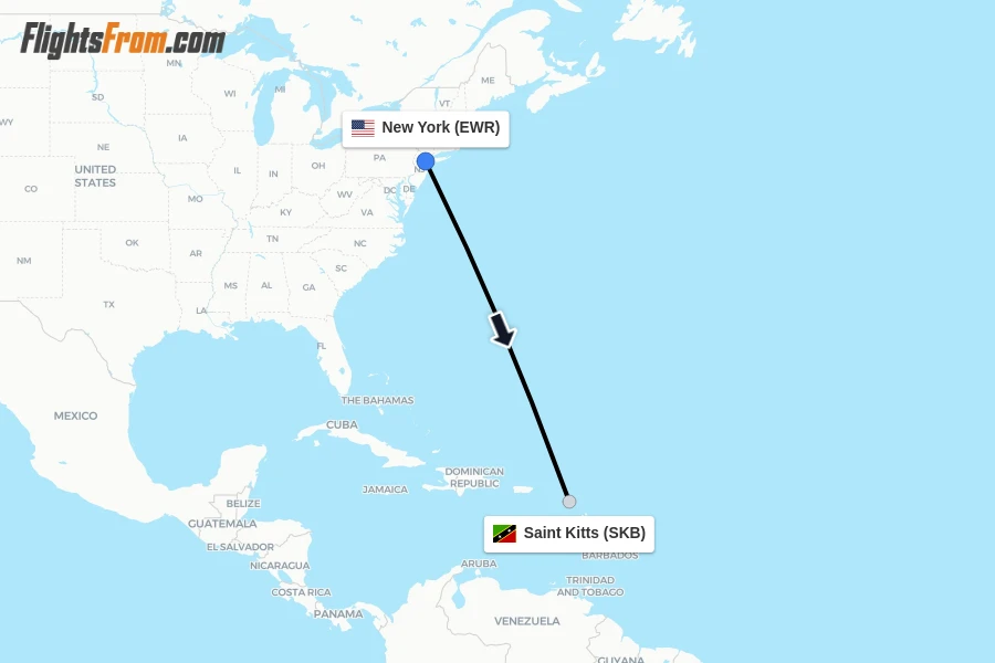 Flights from New York to Saint Kitts route map